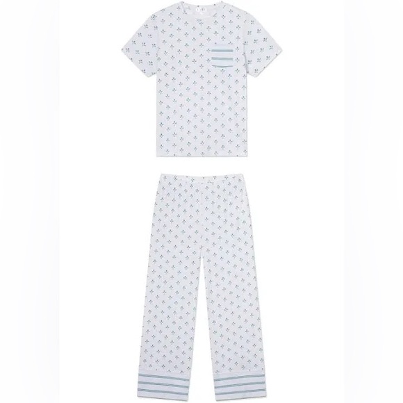 Lake | Pima Crew Wide Leg Pajama Set in Serene Blue Multi Blossom Large - Picture 2 of 10